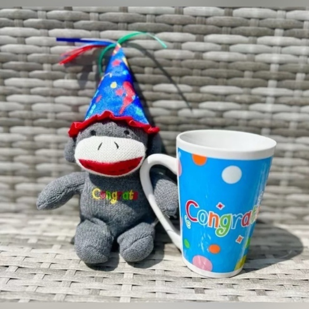 Congrats Congratulations Celebrate Sock Monkey Plush Mug Set Celebrate NEW!​​​